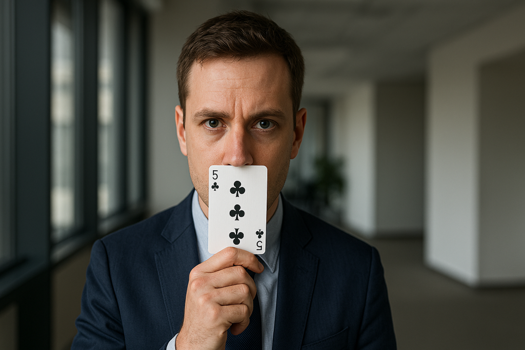 Homme en costume tenant une carte à jouer devant sa bouche, regard intense dirigé vers le lecteur, symbole d’un salarié qui cache son jeu dans un projet.