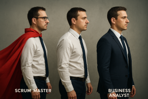 Transformation d’un Scrum Master en Business Analyst, illustrée en trois étapes comme une évolution, de la cape de super-héros au costume professionnel.