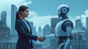 Femme consultante en entreprise serrant la main d’un robot, illustrant la collaboration entre Business Analyst et intelligence artificielle générative